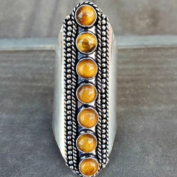 New 7 Stone Tiger Eye Adjustable Silver Statement Ring. - Picture 11 of 15